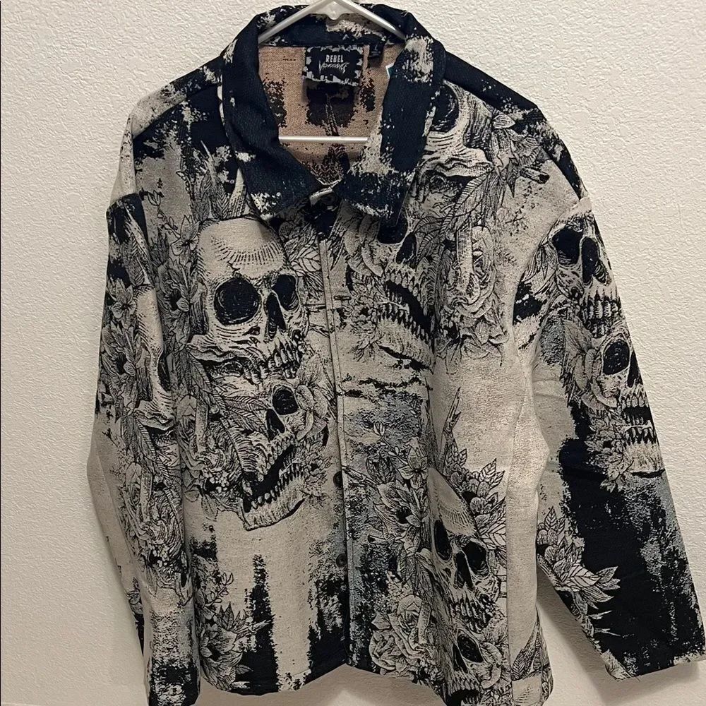 Rebel Vengeance Black and Cream Skeleton Graphic Button Up Jacket